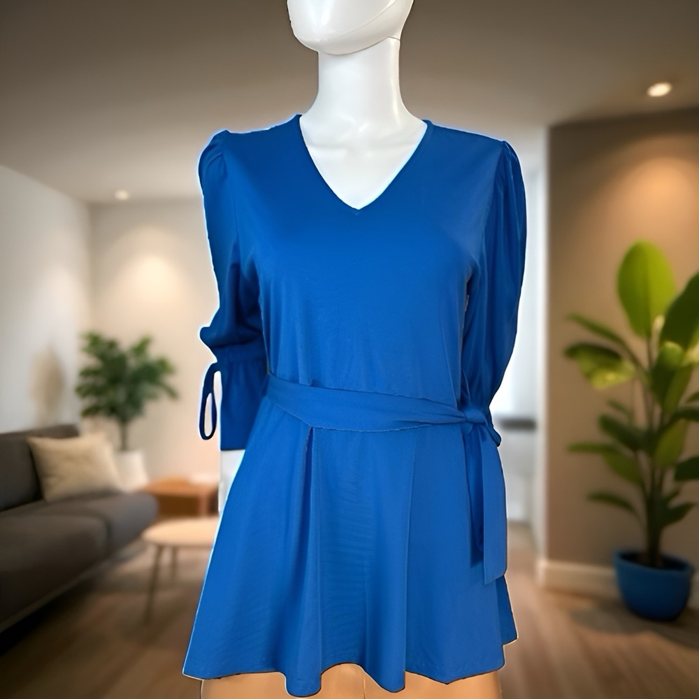 Royal Blue V-Neck Tunic Top Waist Tie Women's Long Sleeve Blouse Size S NWOT